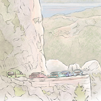 A VIEW OF LAKE TAHOE IS SHOWN AT SUNSET SURROUNDED BY PINE TREES - Illustration by Kristen Schwartz