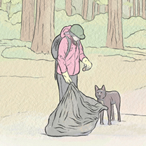 A PERSON WITH DOG IS PICKING UP FIREWORKS DEBRIS IN THE FOREST - Illustration by Kristen Schwartz