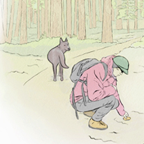 A PERSON WITH DOG IN TAHOE DISCOVERS FIREWORKS DEBRIS IN THE FOREST - Illustration by Kristen Schwartz