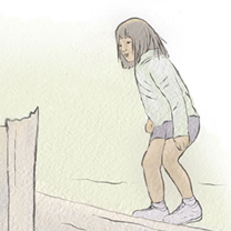 A GRAY SQUIRREL, A ROBIN, AND A CHILD ARE AFFECTED BY FIREWORKS DEBRIS CHEMICALS IN THE FOREST - Illustration by Kristen Schwartz