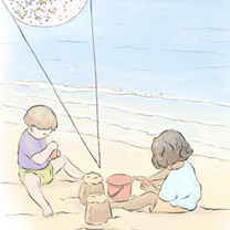 TWO CHILDREN PLAY IN TAHOE BEACH SAND FULL OF MICROPLASTICS - Digital Watercolor Illustration by Kristen Schwartz