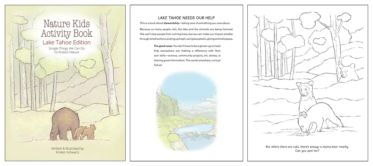 Cover, interior pages, and coloring page for Nature Kids Activity Book - Lake Tahoe Edition by Kristen Schwartz