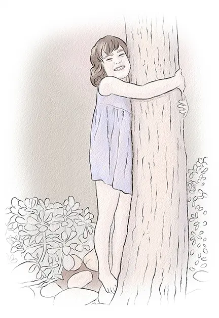 Watercolor illustration of a child hugging a tree by Kristen Schwartz