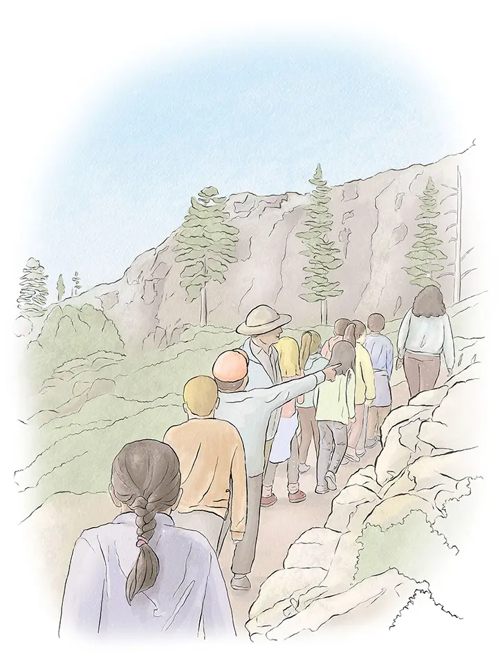 Watercolor illustration of a field trip in Tahoe by Kristen Schwartz