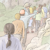 A SCHOOL GROUP HIKES ON A TAHOE TRAIL IN THE MOUNTAINS - Digital Watercolor Illustration by Kristen Schwartz