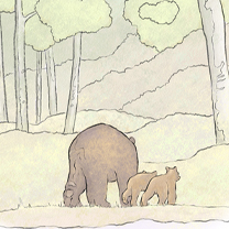 A MOTHER BEAR AND TWO CUBS WALKING AWAY IN TAHOE - Illustration by Kristen Schwartz
