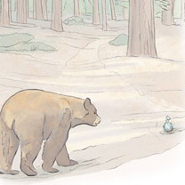 A BLACK BEAR IN THE FOREST WALKS TOWARD A DOG WASTE BAG LEFT ON THE TRAIL - Illustration by Kristen Schwartz