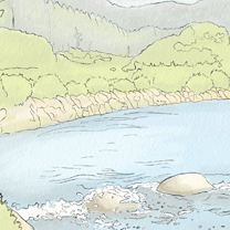 A VIEW OF LAKE TAHOE IS SHOWN AT SUNSET SURROUNDED BY PINE TREES - Illustration by Kristen Schwartz