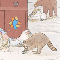 TWO RAVENS, A RACCOON AND A BLACK BEAR IN TAHOE EAT TRASH LEFT OUTSIDE A DUMPSTER - Illustration by Kristen Schwartz