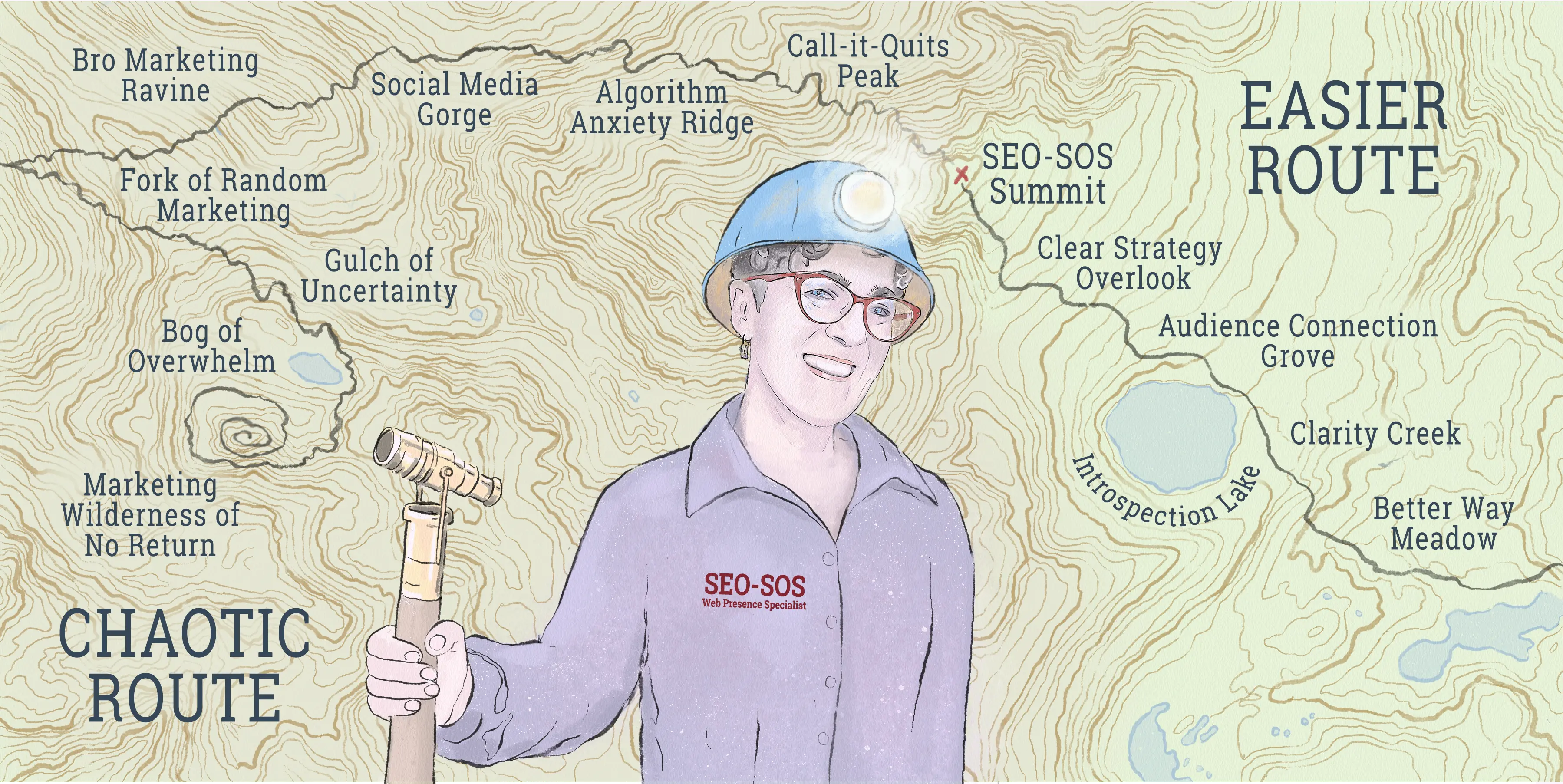 A woman in a hard hat with light is shown in front of a topo map showing the easier route to marketing and the chaotic route